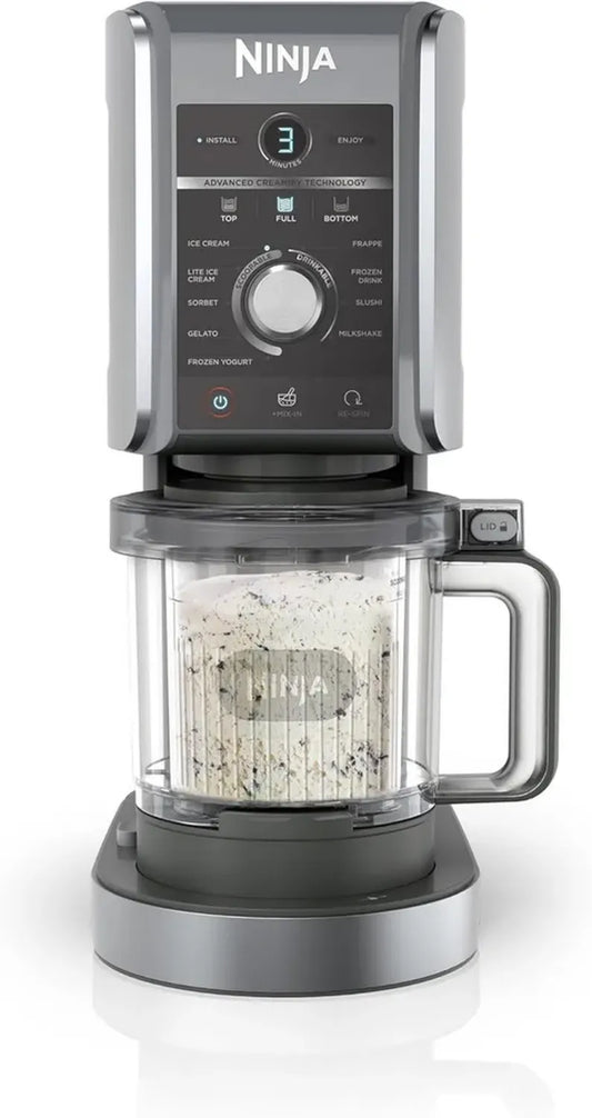 Ninja CREAMi Deluxe Sorbetière Multifonction, 2 Bacs, 10 Programmes, Crème Glacée, Sorbets, Yaourts Gelés, Milkshakes, Slush, Pièces Lavables au Lave-Vaisselle, Couleur Argentée NC502EU