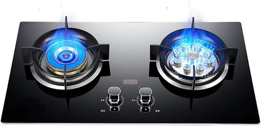 Plaque de Cuisson à Gaz 73 cm en Verre Trempé Noir avec 2 Brûleurs de 4,2 KW - Compatible Butane/Propane