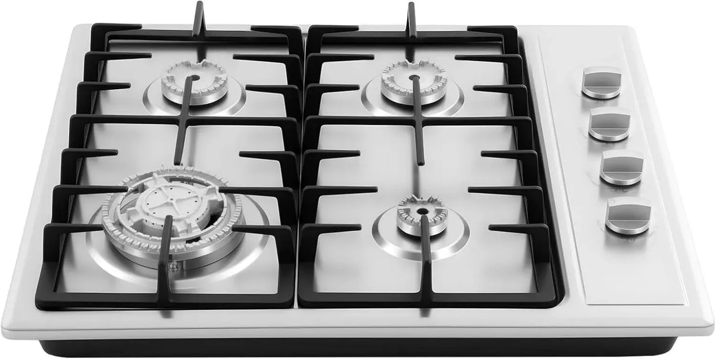 Plaque de Cuisson Gaz 4 Feux Inox, Puissances Variées, 59x51cm Encastrable, Idéale pour Cuisine Maison ou Professionnelle