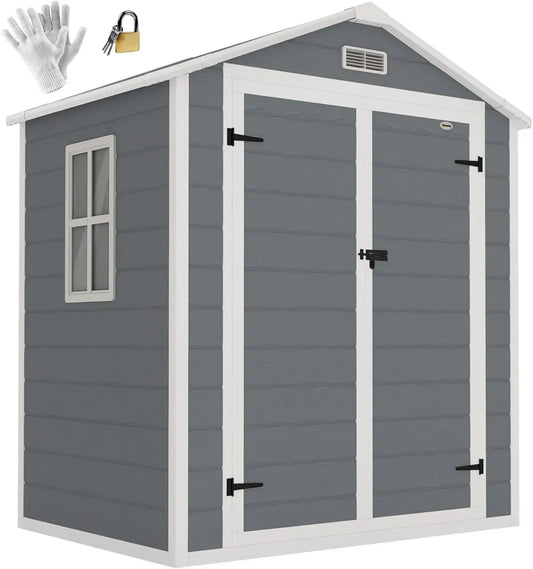 Outsunny Abri de Jardin en Résine avec Portes et Fenêtre Ventilée, Toit Incliné, 2,12 m², Gris