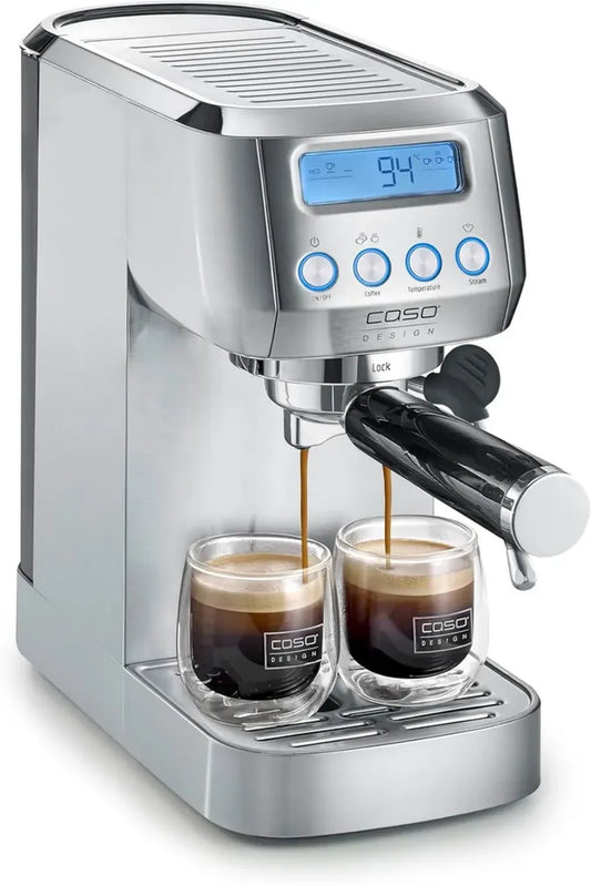 Machine à expresso compacte Caso EspressoGourmet, 1350W, 20 bars, Compatible ESE, Mousseur manuel, Chauffe-tasses - Argent