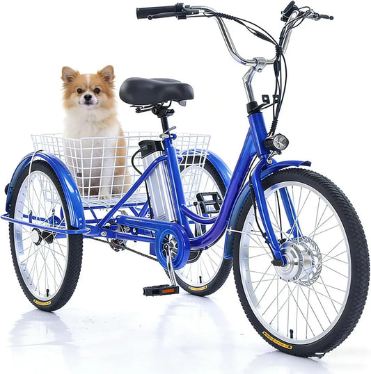 Tricycle Électrique Adulte 24', 3 Modes, Charge 180Kg, Panier Inclus