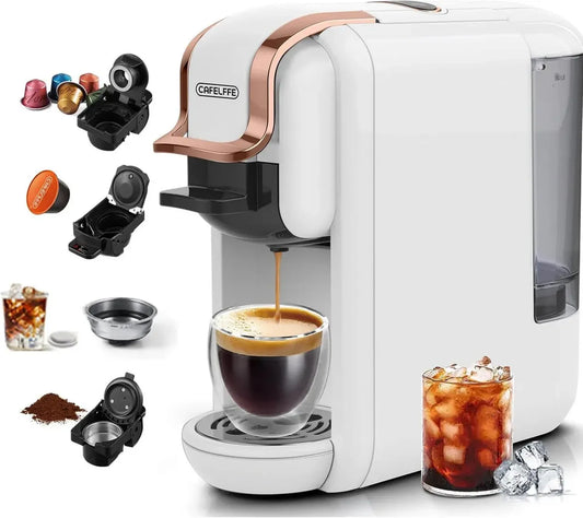 Cafetière Multi-Capsules 4-en-1 Cafelffe MK-603, Espresso Chaud/Froid 19 Bars, Compatible Dosettes & Café Moulu, 1450W, Blanc
