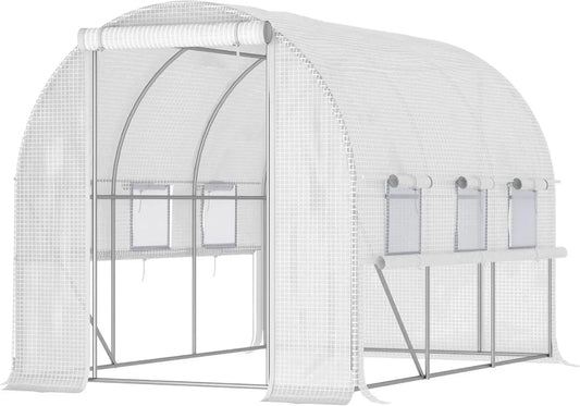 Outsunny Serre Tunnel 6 m² avec Fenêtres et Porte en PE Blanc