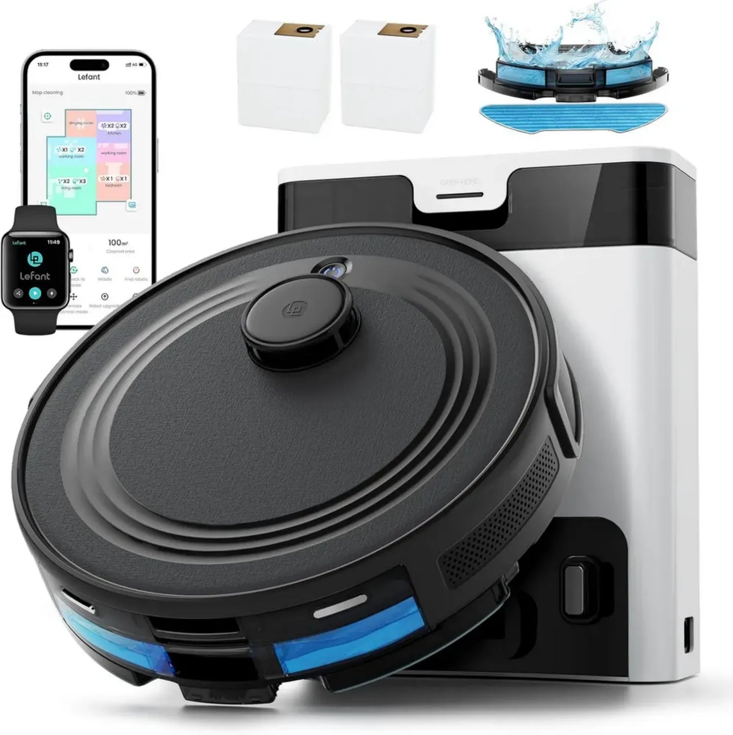 Aspirateur Robot Lefant M2 Pro 6000Pa avec Station de Vidange Automatique, Laser NAV et Cartographie, Nettoyage Personnalisé, Évitement d'Obstacles, Parfait pour Animaux