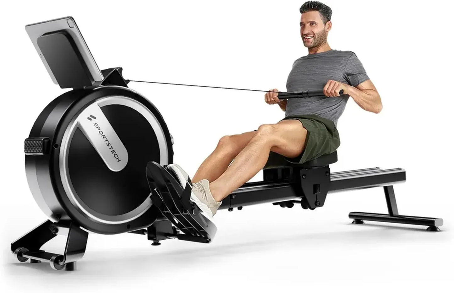 Rameur Domestique Sportstech PROwer - 32 Niveaux, Résistance Magnétique Silencieuse, Écran LED, Rail Double, Bluetooth, Support Tablette, Rangement Vertical