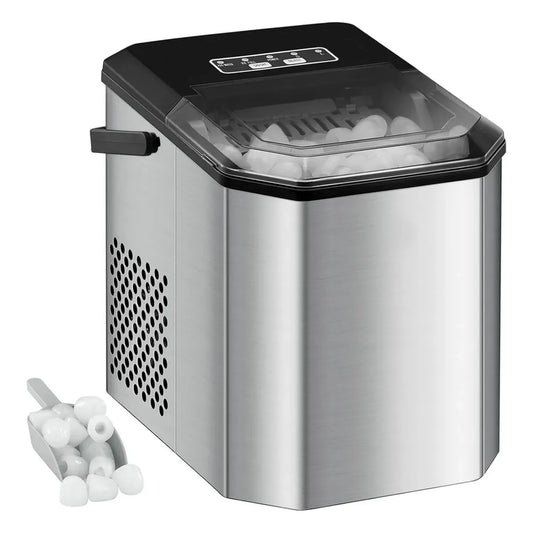 Machine à glaçons autonome 120W, produit 9 glaçons en 6 min, capacité 12 kg/24h, avec fonction autonettoyante, pelle et panier inclus, idéale pour fêtes et bureaux