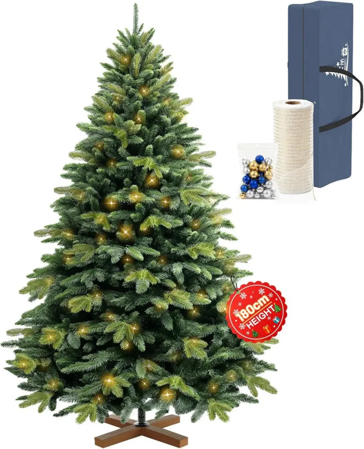 Arbre de Noël Artificiel 180cm, LED Integrées & Sac, Base en Bois, 1112 Branches PVC/PE, Montage Facile