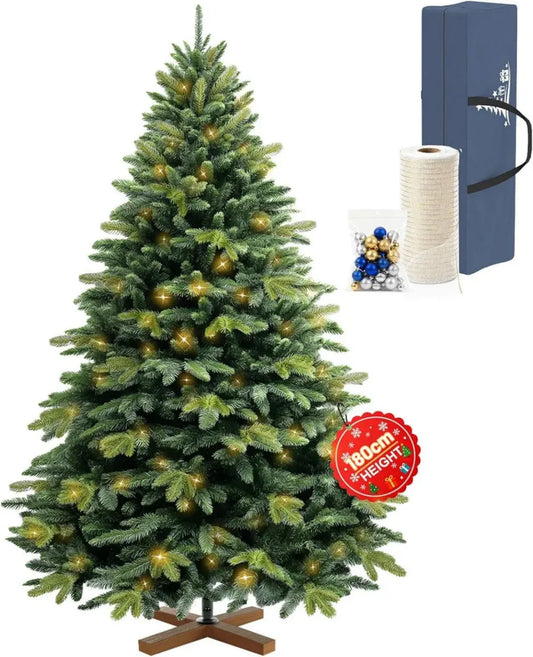 Arbre de Noël Artificiel 180cm, LED Integrées & Sac, Base en Bois, 1112 Branches PVC/PE, Montage Facile