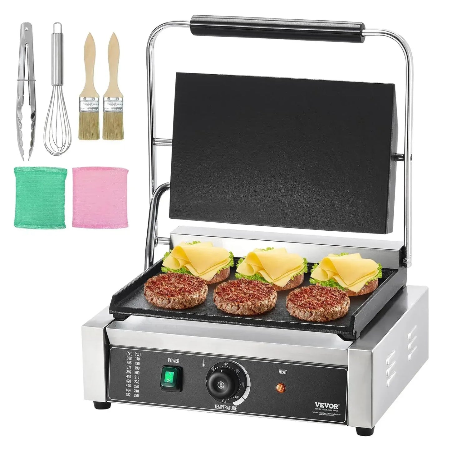 Grill Panini Électrique 2200W VEVOR, Presse à Sandwich en Acier Inoxydable avec Plaque Émaillée 34,2x23,5 cm, Température Réglable, Idéal pour Sandwichs, Steaks, Burgers