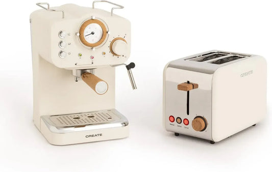 Cafetière Expresso et Grille-Pain Rétro Crème avec Bac Réglable