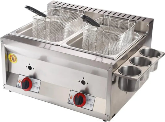 Friteuse à Gaz Double Cylindre 20L en Acier Inoxydable - Parfaite pour Cuisine Professionnelle et Domestique avec Panier pour Frites et Poulet