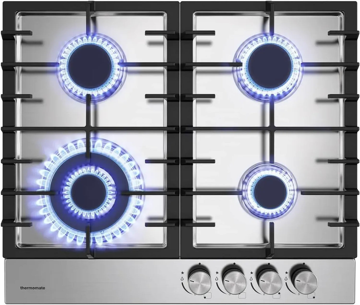 Plaque de Cuisson à Gaz 60cm 4 Feux en Acier Inoxydable, Fonction Wok, Compatible Gaz Naturel et Propane, 8000W
