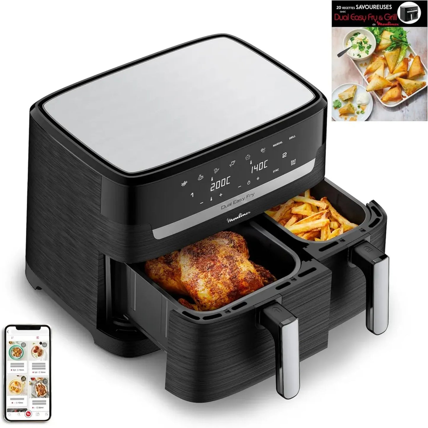 Friteuse à air Moulinex Dual avec Deux Compartiments, Capacité XXL 8,3L, Pour 8 Personnes, 7 Programmes Automatiques, Écran Tactile, Inox YY5545FB