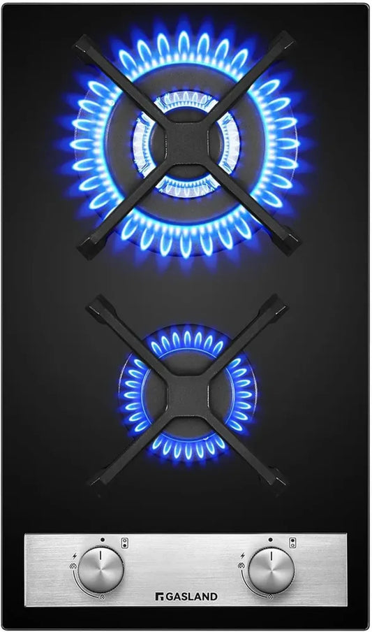 Plaque de cuisson à gaz en verre noir 30 cm, 2 feux avec brûleur Wok, 5200W, compatible LPG et gaz naturel