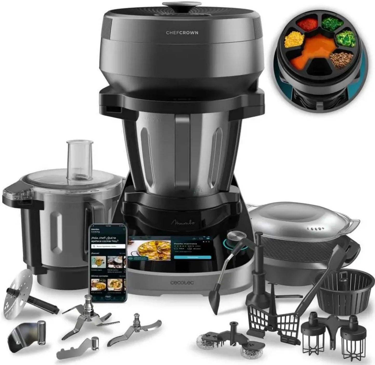 Robot Culinaire Multifonction Cecotec Mambo CooKing Total Gourmet 2200W, 45 Fonctions, Recettes Guidées, Bol Unique de 5L, Bol Victory 5L, Accessoires Inclus