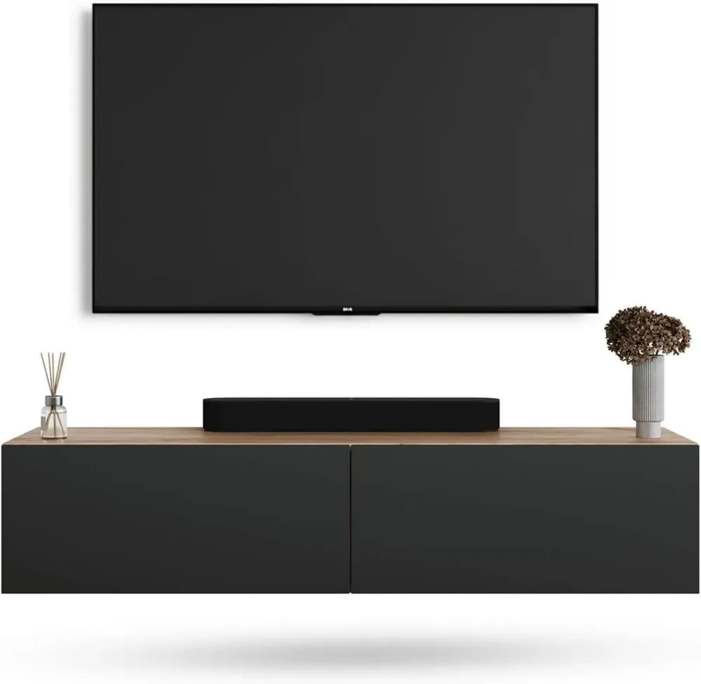 Meuble TV suspendu ou au sol, 140 cm, chêne doré et anthracite pour salon