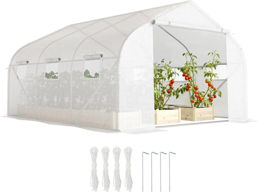 Serre Tunnel de Jardin Outsunny 13,35 m² avec Porte et 6 Fenêtres, Structure Acier Galvanisé, Bâche PE Haute Densité, 4,5 x 3 x 2 m