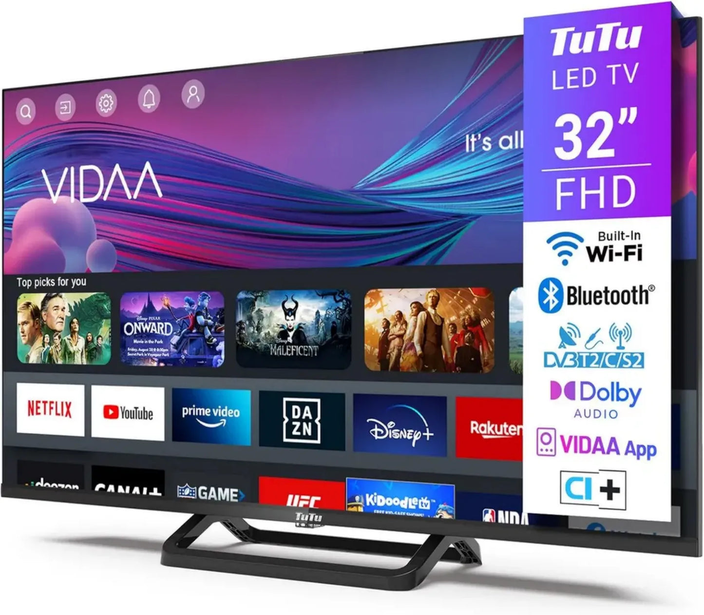 TuTu Télévision Intelligente 32 FHD, Écran Connecté WiFi et Bluetooth, Tuner Triple, Applications Incluses