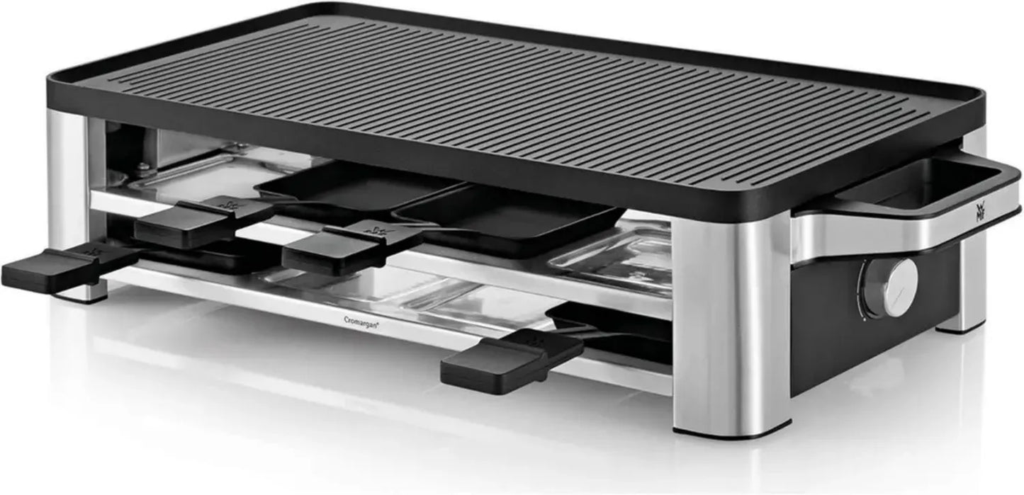 WMF Raclette Multifonction 1500W, Acier Inoxydable Cromargan, Grill et Crêpière, 8 Personnes, Température Ajustable, Plaque Réversible en Fonte