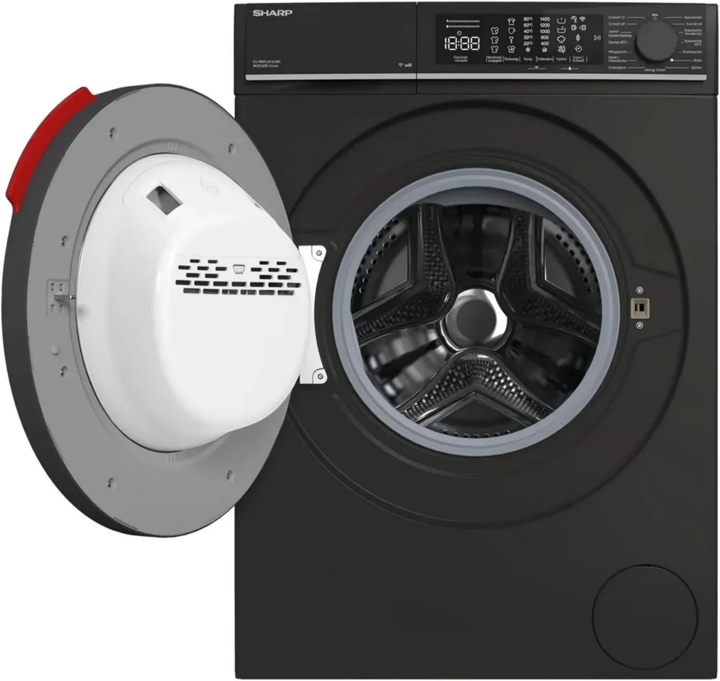 Lave-linge frontal SHARP 8 kg, Classe A, 1400 tr/min, Moteur Inverter, AquaStop, Vapeur, Filtre Microfibre, Écran LED - Noir Mat