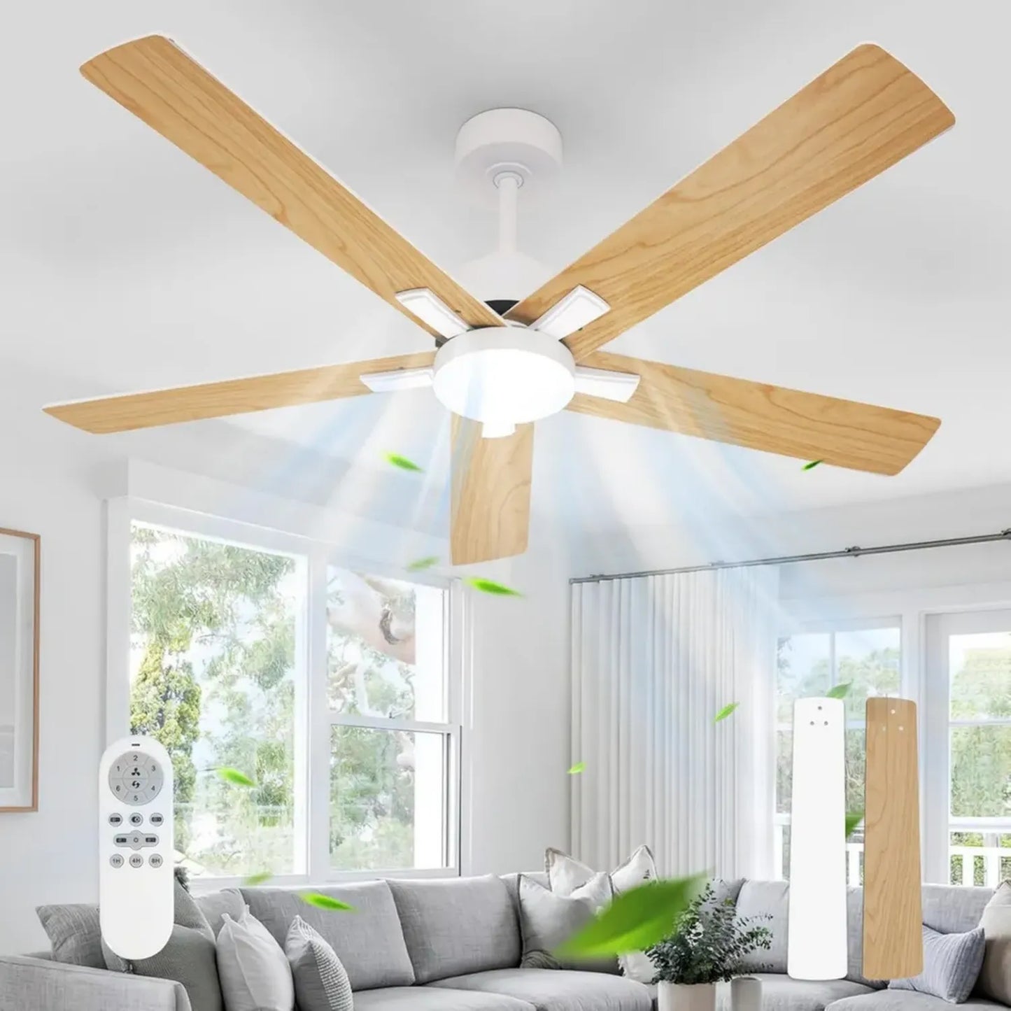 Ventilateur Plafond 132 cm avec LED, Télécommande, 6 Vitesses Silencieuses, Moteur DC Réversible