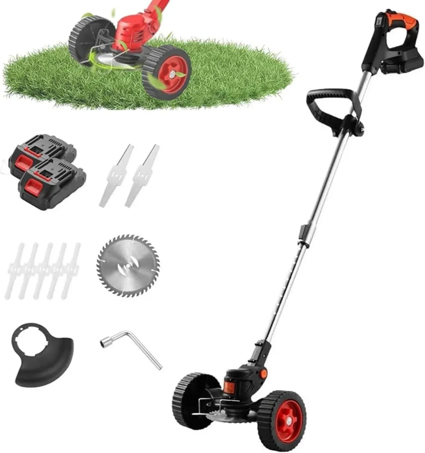 Tondeuse à Gazon Électrique Sans Fil 3 en 1 avec Désherbeur et 3 Lames - 2 Batteries Fournies