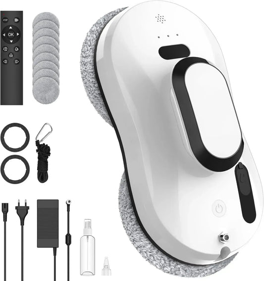 Robot Lave-Vitre Automatique 5600Pa avec Spray et Télécommande, Navigation Intelligente, Inclut 8 Chiffons pour Surfaces Lisses