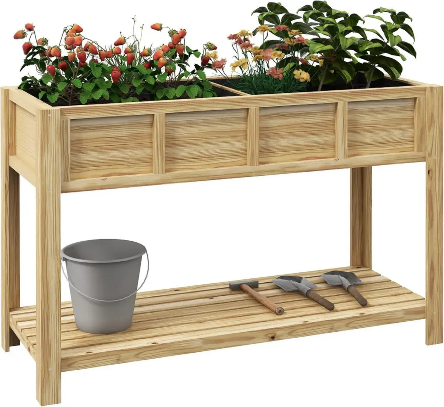 Outsunny Bac à Fleurs sur Pied en Sapin - Potager avec Séparateur, Étagère et Système d'Irrigation - 115 x 46 x 75 cm