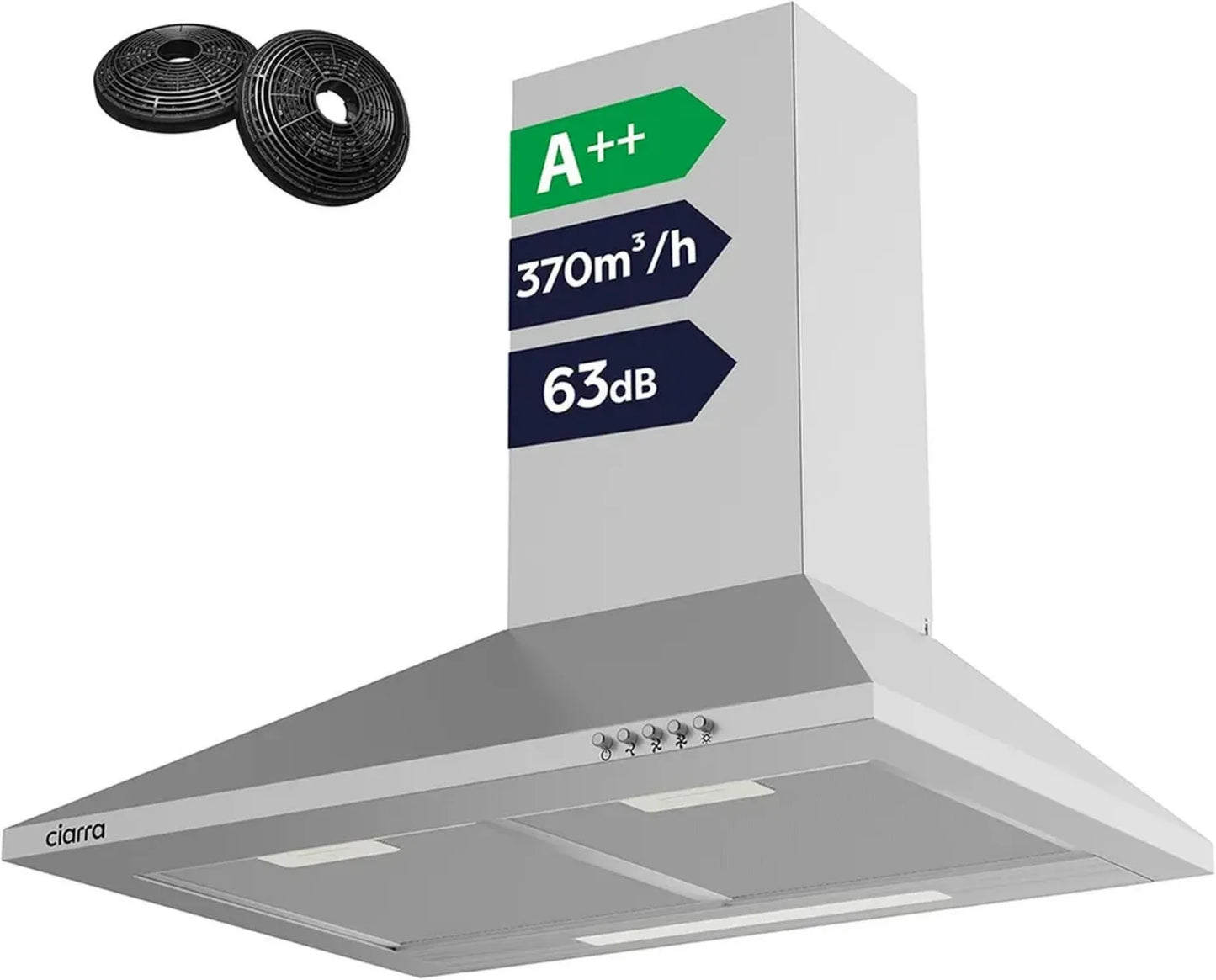 Hotte Murale Inox 60cm CIARRA - 370m³/h, A++, Évacuation/Recyclage, Filtres Charbon Inclus, 3 Vitesses