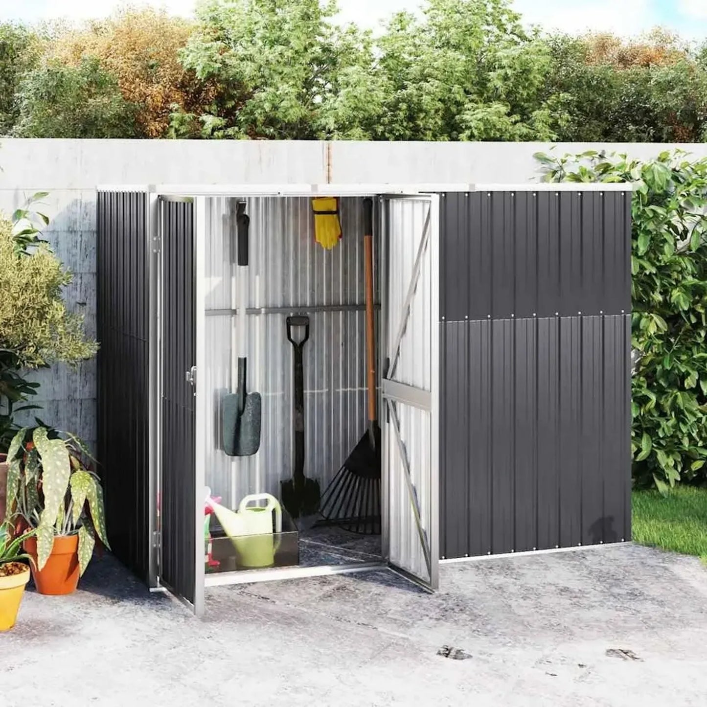 Cabanon de Jardin en Acier Galvanisé Anthracite 225x89x161 cm pour Outils et Rangement Extérieur