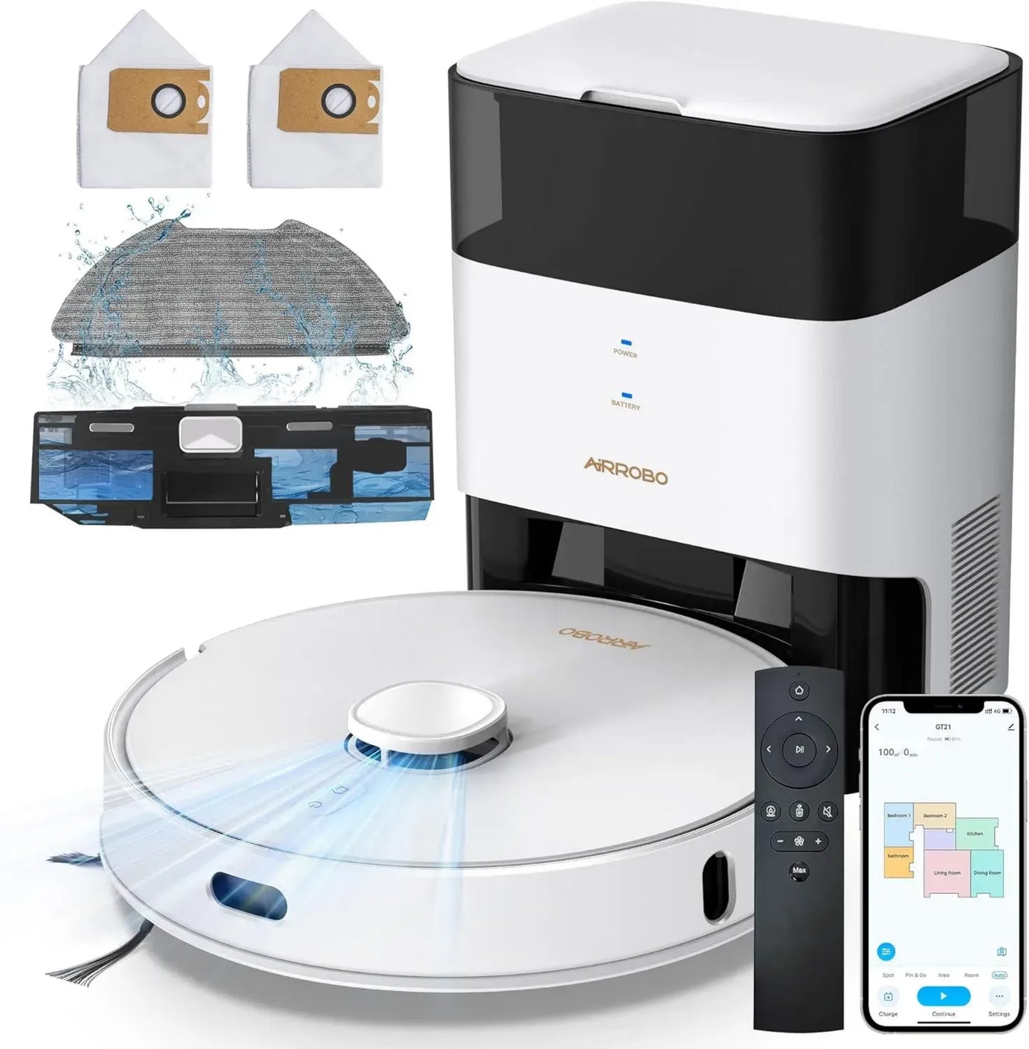 Robot Aspirateur AIRROBO avec Station Automatique, Navigation LiDAR Avancée, 180 Min Autonomie, Évitement d'Obstacles, Contrôle par WiFi/App
