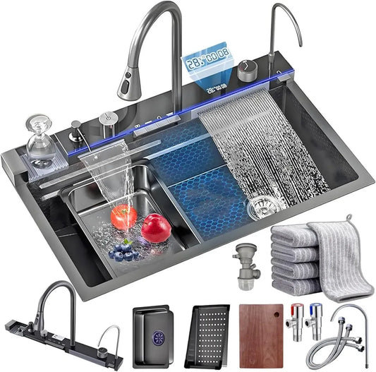 Évier de Cuisine Noir Inox 1 Bac Multifonction avec Système de Drainage et Accessoires