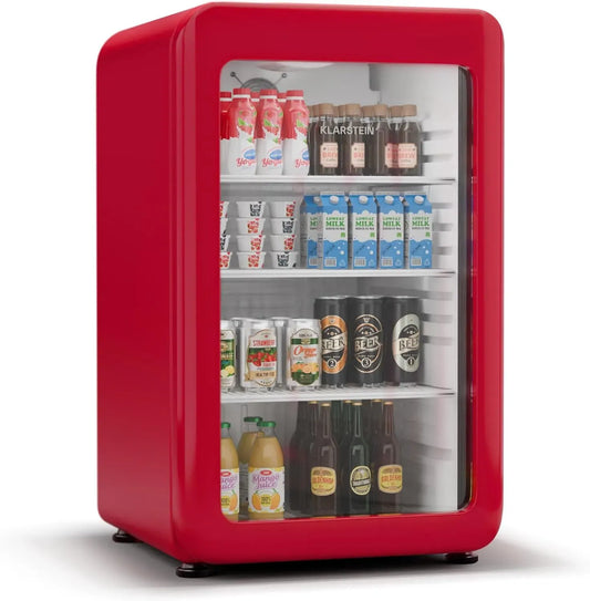 Réfrigérateur à Boissons Klarstein Audrey Evo, 113L - Design Rétro, Double Porte Vitrée, LED, Température 0-10°C, Classe Énergétique C, Pieds Ajustables, Rouge