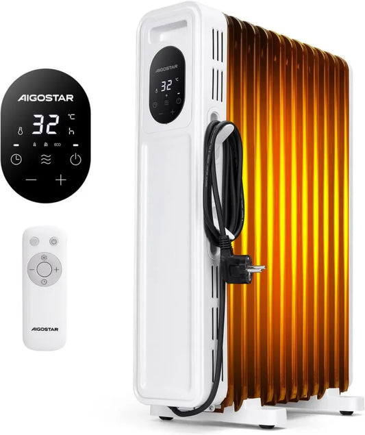 Chauffage à huile 2300W, 11 éléments, avec télécommande et thermostat, 3 modes, minuterie 24h, sécurité intégrée, fonctionnement silencieux