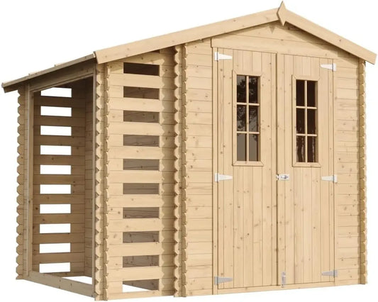 Abri de Jardin en Bois avec Rangement pour Bûches - 3,53 + 0,97 m² - Toit Étanche et Fenêtres, TIMBELA