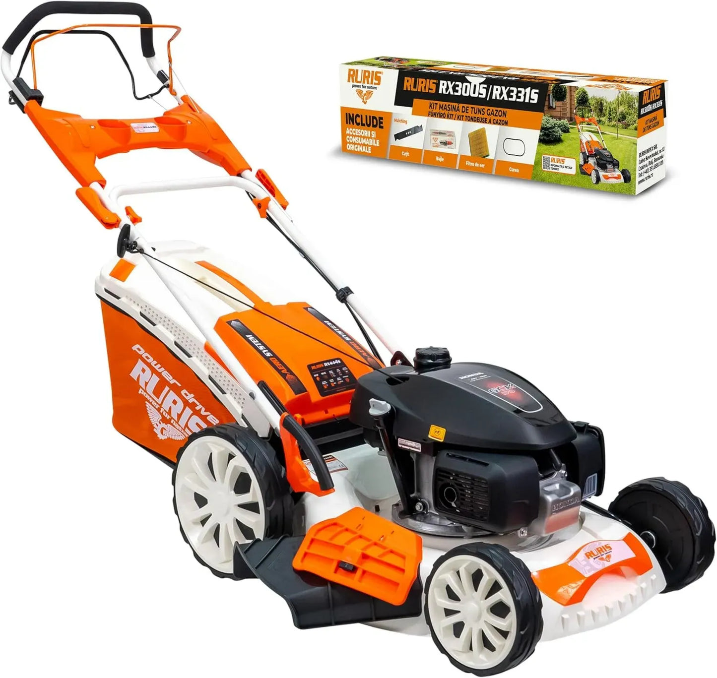 RURIS Tondeuse à Gazon Thermique RX444S, Moteur Honda 4,6 CV, Largeur 51 cm, Sac 65 L, 5 Fonctions: Ramassage, Éjection Arrière et Latérale, Mulching, Autonettoyage, Autopropulsée