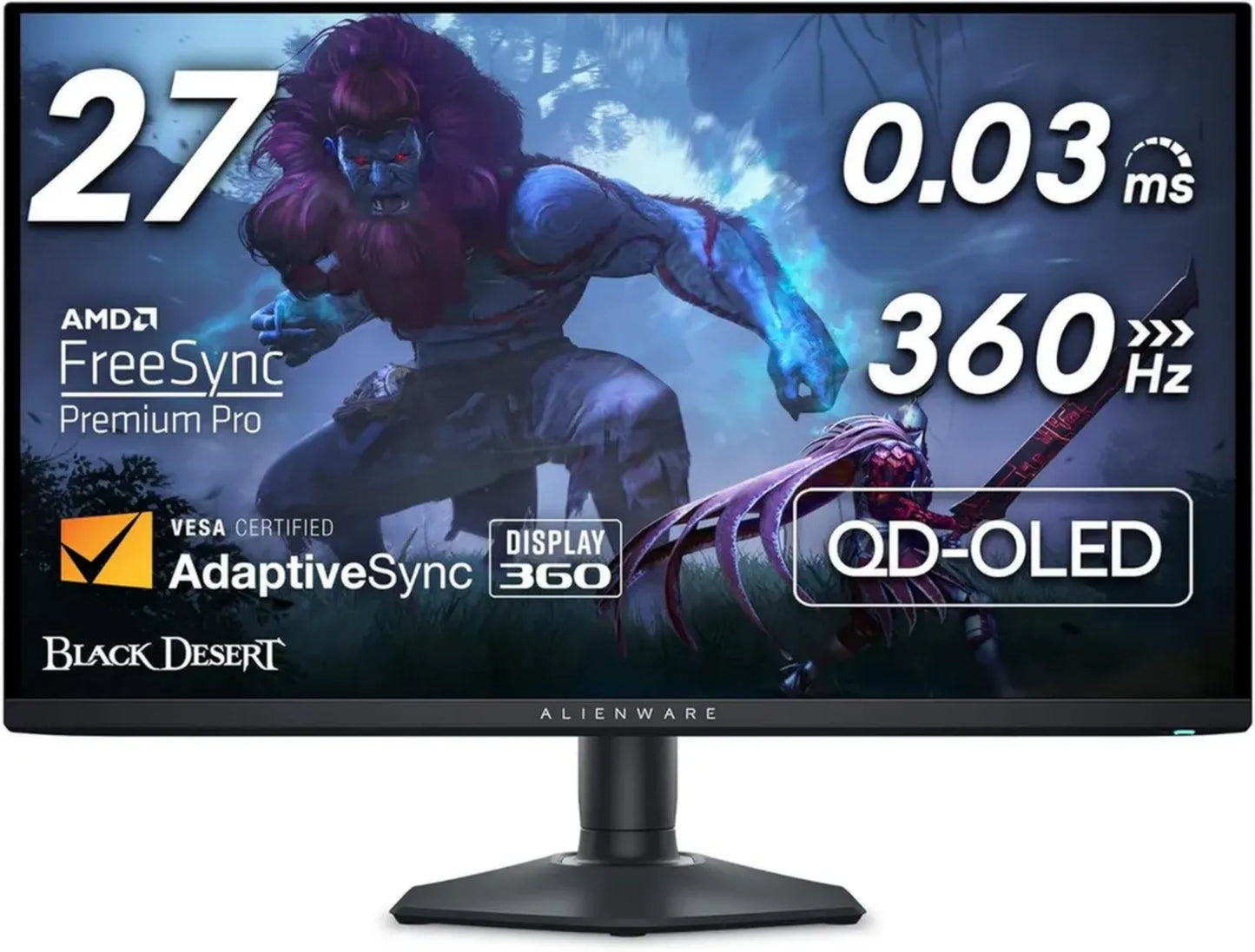 Écran Gaming Alienware 27' QHD 360Hz, QD OLED, 0.03ms, FreeSync Pro, HDR400