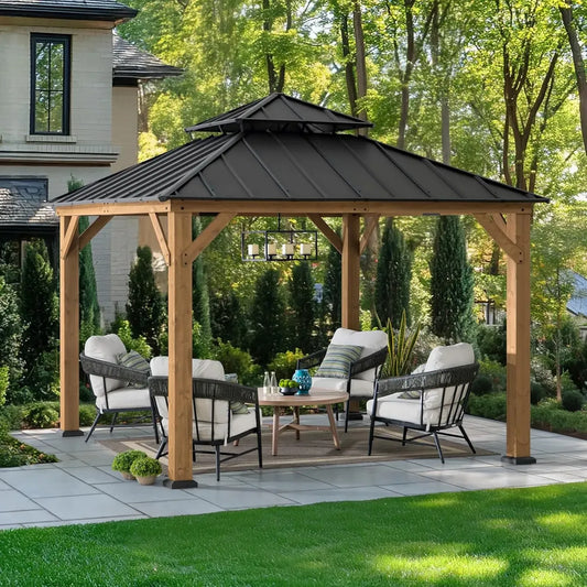 Tonnelle de Jardin en Bois de Cèdre 3,3x3,3m - Toit Métallique Double Niveau, Résistant aux Intempéries