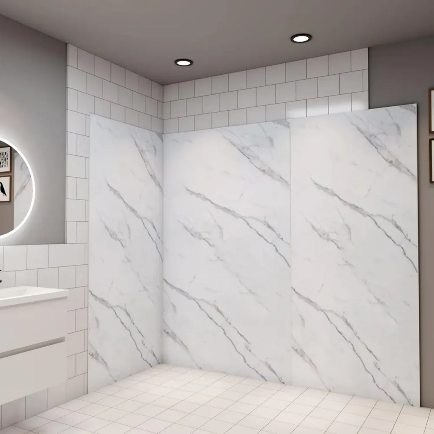 Lot de 3 panneaux de douche en marbre blanc avec profils en aluminium, 100x210cm