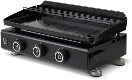 Plancha à Gaz Silvia EVO 3 Feux - Surface de Cuisson en Acier 67x34 cm - Grille de Réchauffement - Allumage Piézo - Tiroir à Graisse - Puissance 7,95 KW - Pour 10 Personnes