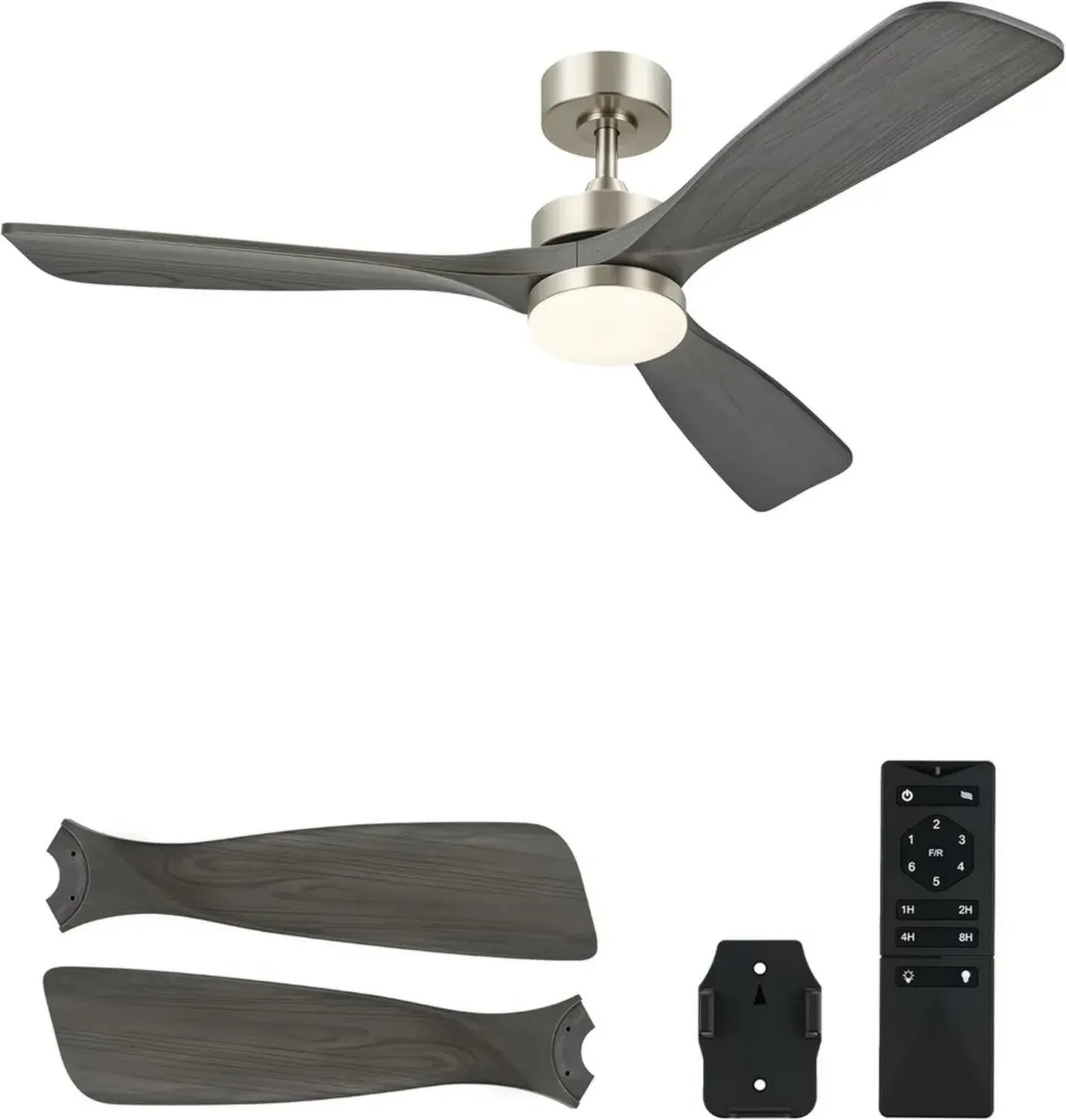 Ventilateur de Plafond 132CM avec Lumière et Télécommande, 3 Pales Silencieuses, Moteur DC Réversible 6 Vitesses, Bois Gris Foncé pour Chambre et Salon