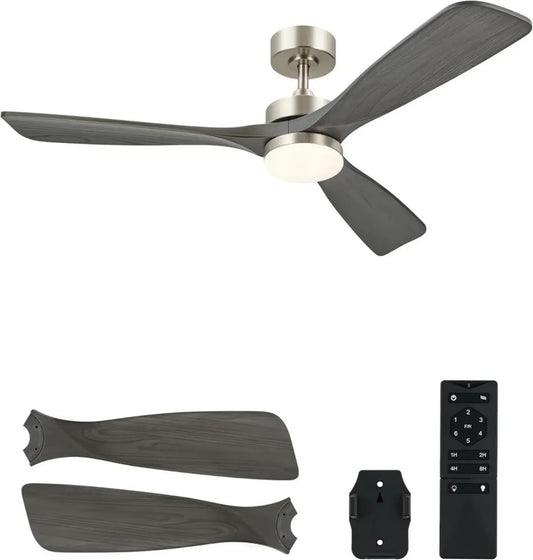 Ventilateur de Plafond 132CM avec Lumière et Télécommande, 3 Pales Silencieuses, Moteur DC Réversible 6 Vitesses, Bois Gris Foncé pour Chambre et Salon
