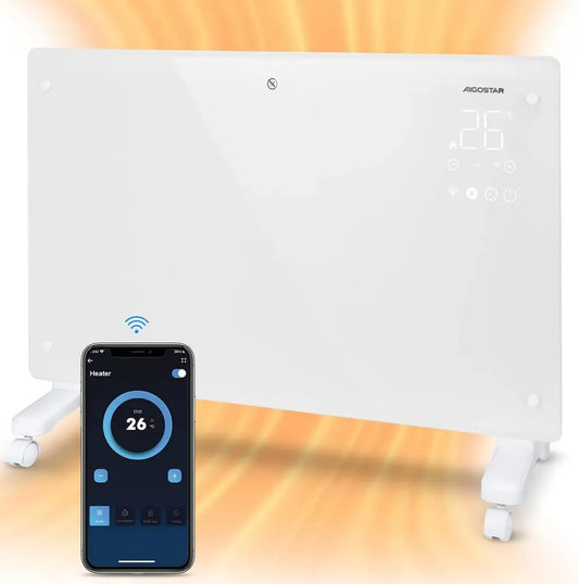 Radiateur Électrique Aigostar 2000W, Connectivité Wi-Fi, Compatible Alexa, 3 Modes, Écran Tactile LED, Minuterie 24h, Installation Murale ou sur Pied, Blanc