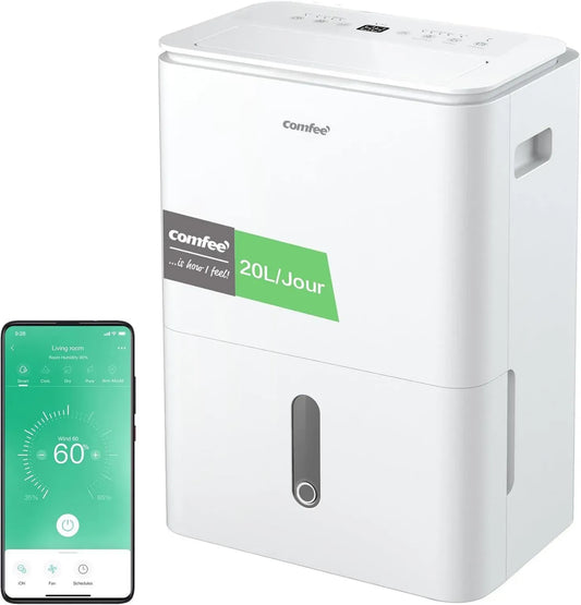 Déshumidificateur COMFEE' 20L/ jour avec Purificateur d'Air et Contrôle par APP, Mode 4-en-1 avec Ioniseur et Air Swing pour Espaces de 37-52㎡