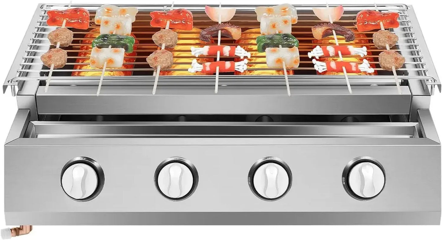 Grill à gaz 4 brûleurs en acier inoxydable - Réglable en hauteur - Interrupteurs indépendants - Barbecue amovible avec bac à graisse - Sans fumée, idéal pour table