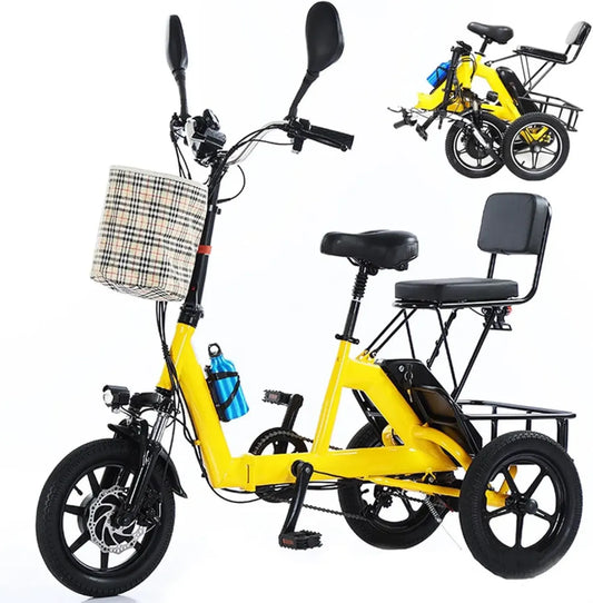 Tricycle Électrique Pliable Adulte avec Siège Passager et Grand Panier, Batterie Lithium 48V 10Ah, Charge 180kg, Jaune