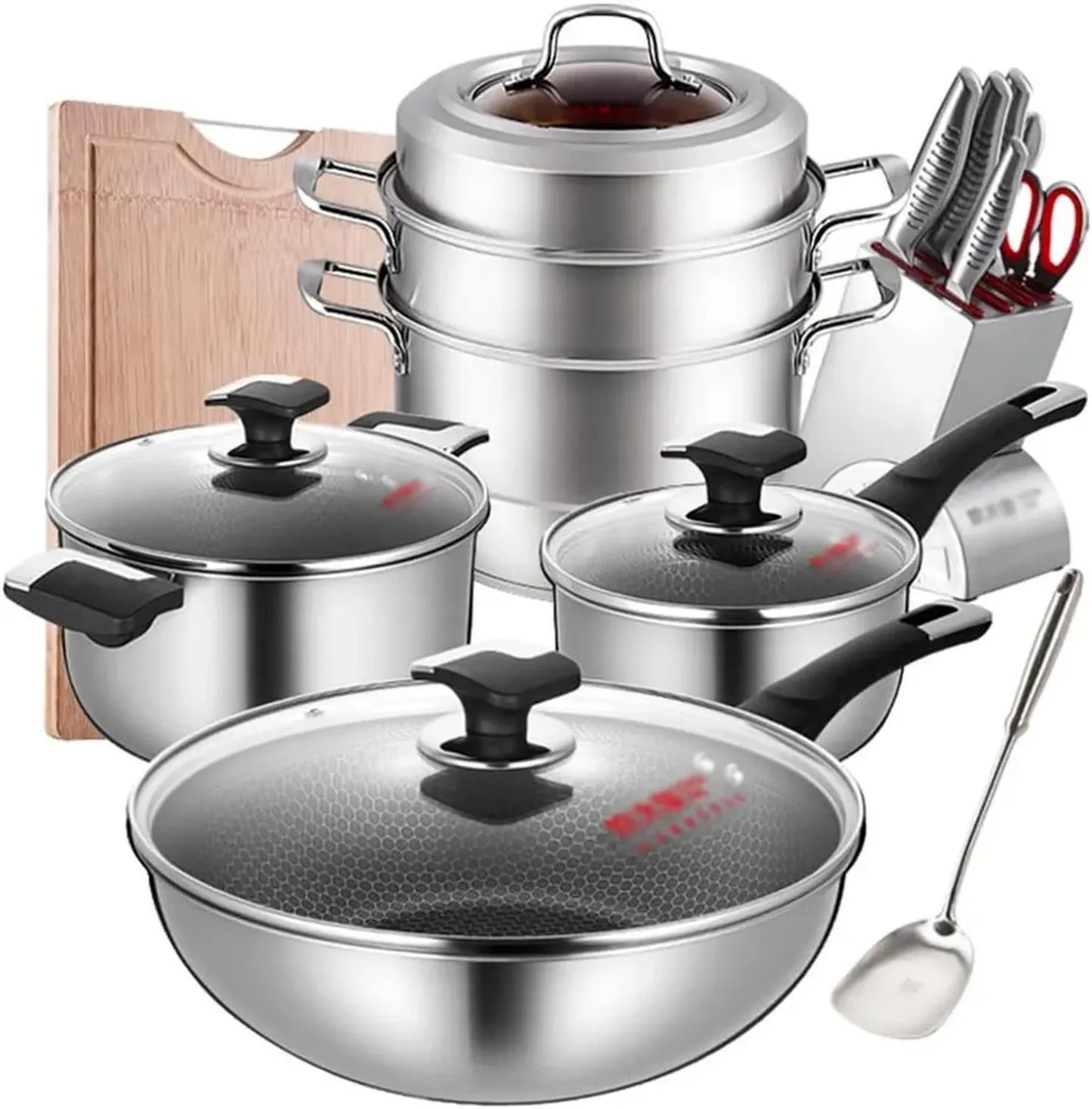 Set de Casseroles en Acier Inoxydable Antiadhésives pour Cuisinière Induction, Batterie Cuisine Complète