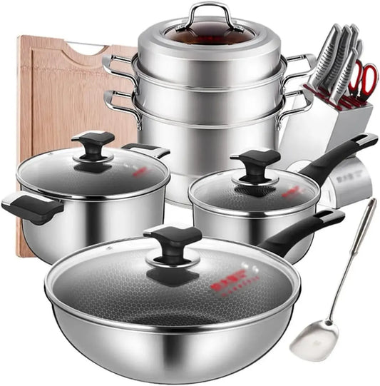 Set de Casseroles en Acier Inoxydable Antiadhésives pour Cuisinière Induction, Batterie Cuisine Complète