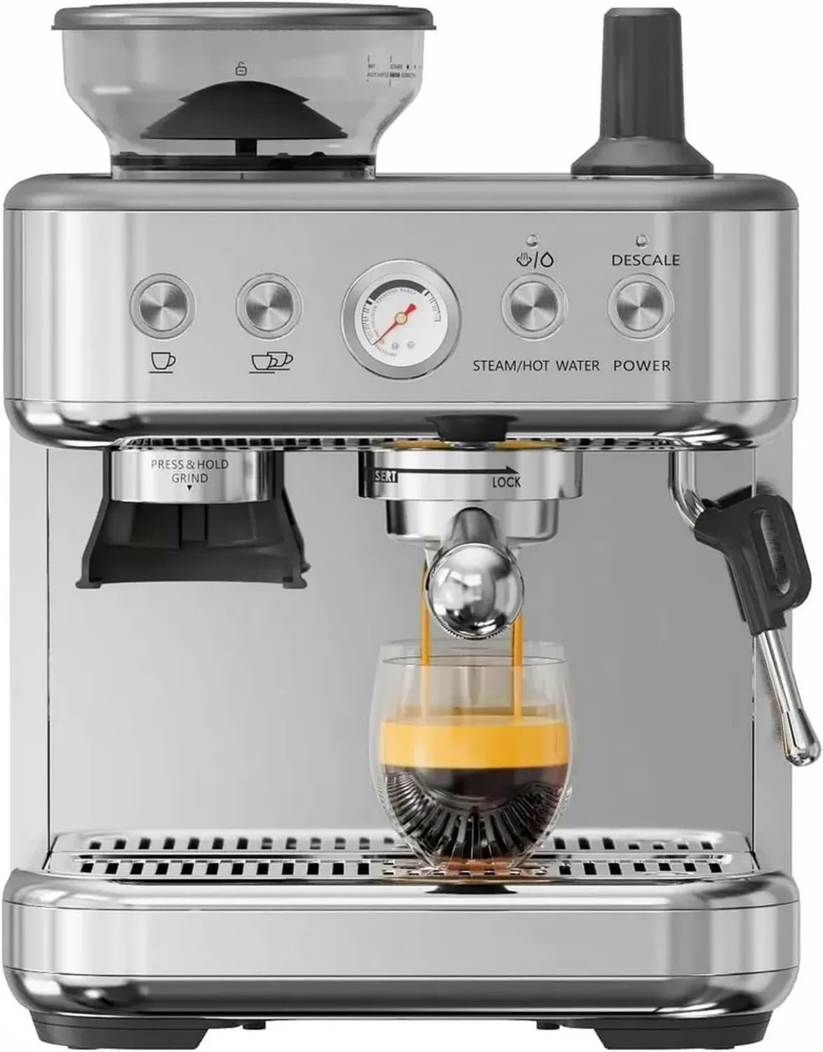 Machine à Expresso avec Broyeur Intégré, Filtre 8 Niveaux, 15 Bars de Pression, 3 Températures, Mousseur à Lait Inox, Noir